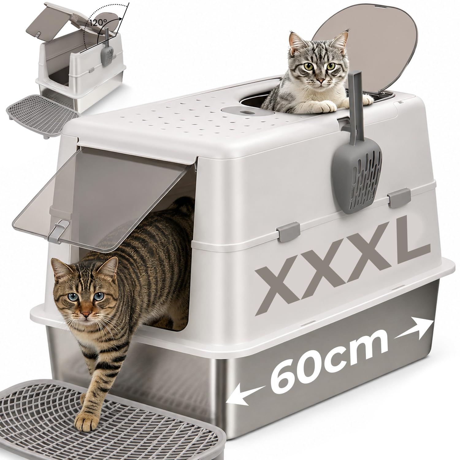 XXL Edelstahl Katzentoilette mit Deckel - 60x43x40cm Großes Katzenklo geschlossen, 120° Klappdeckel, Auslaufsicher für Stehpinkler & Große Katzen, inkl. Streu-Treppe & Schaufel, Grau