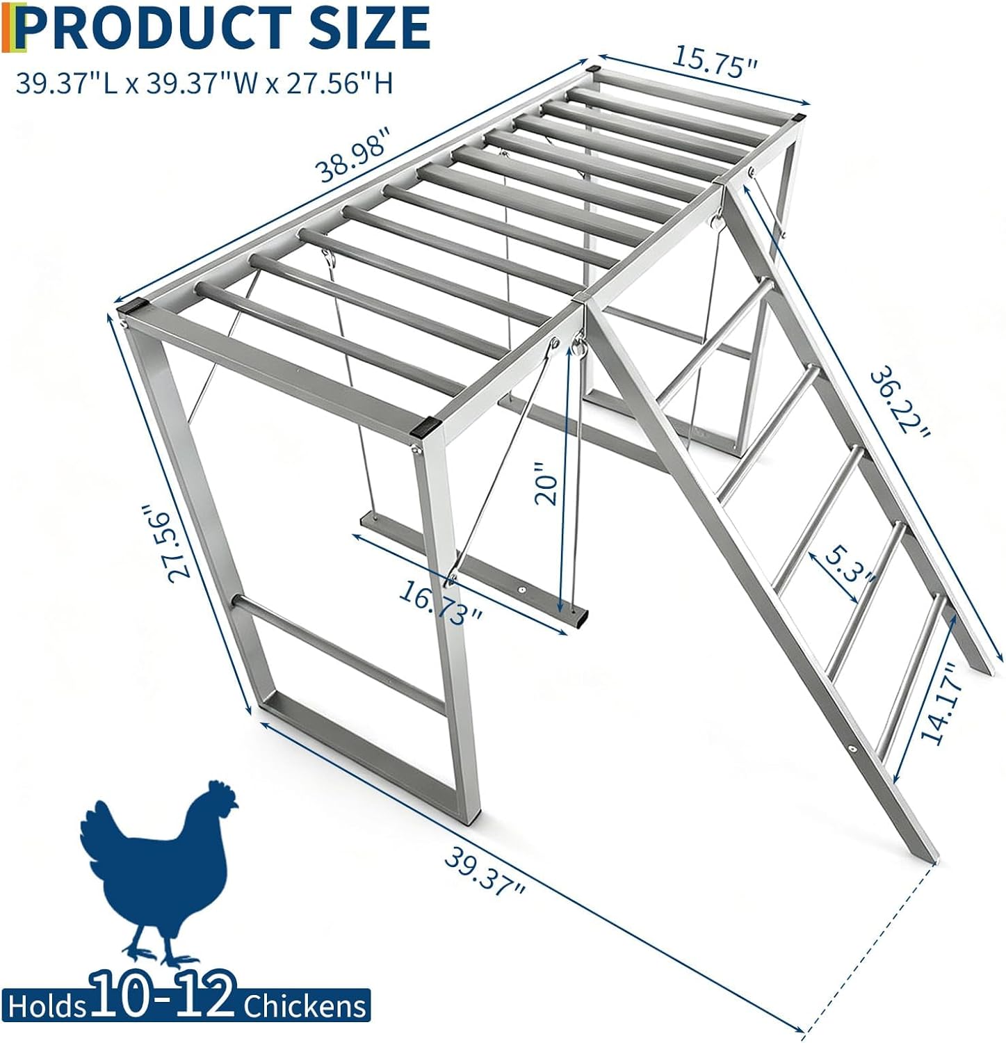 Metal Chicken Perch, Chicken Roosting Bars with Swing & Ladder for 8-10 Chickens, Backyard Farm Healthy Enrichment Playground, Applicable to Backyard, Farms