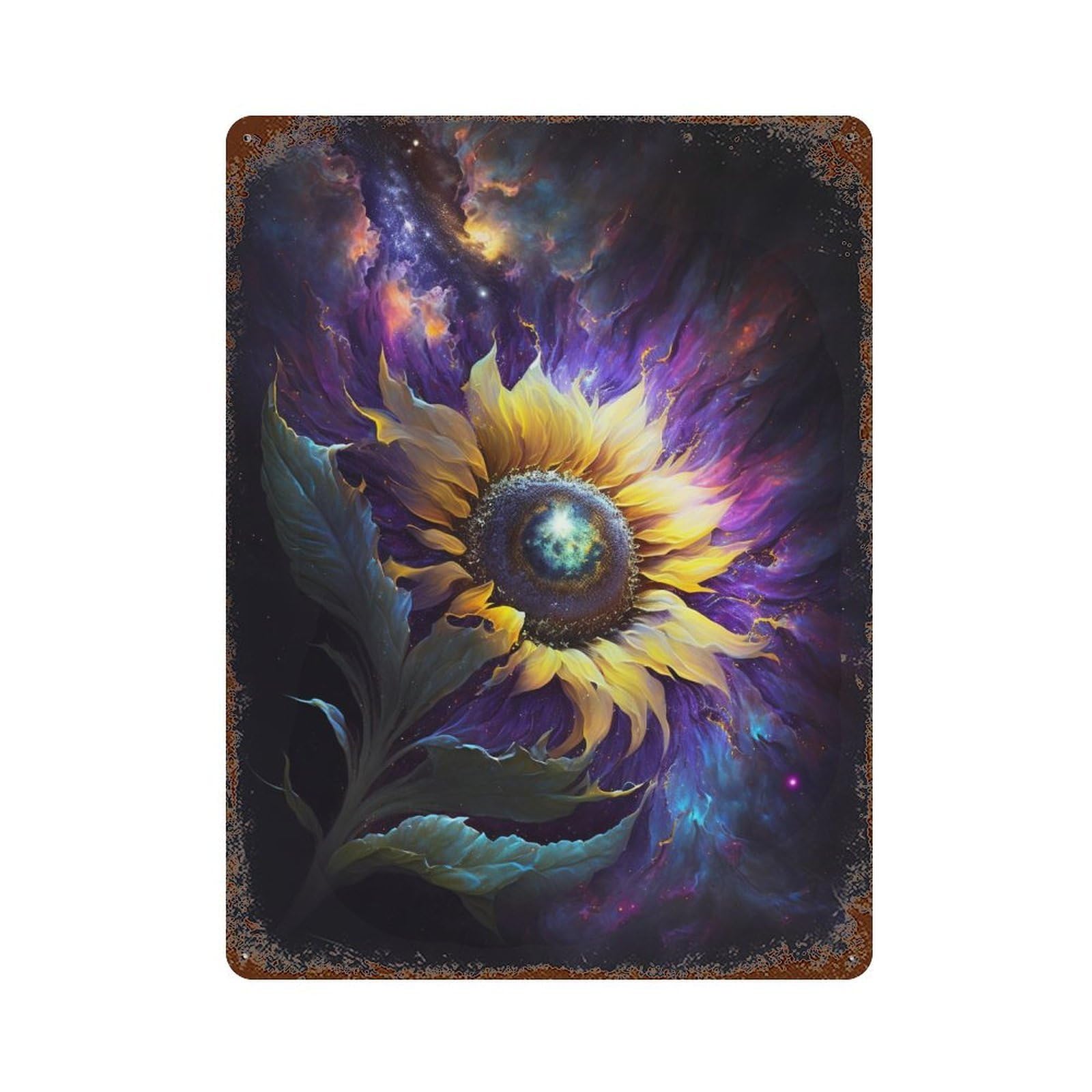 Cosmic Sunflower Art Print-1 Rustic Tin Plaque 15.7"x11.8", for Shed, Workshop And Garage Wall Decor, Shabby Chic Decor