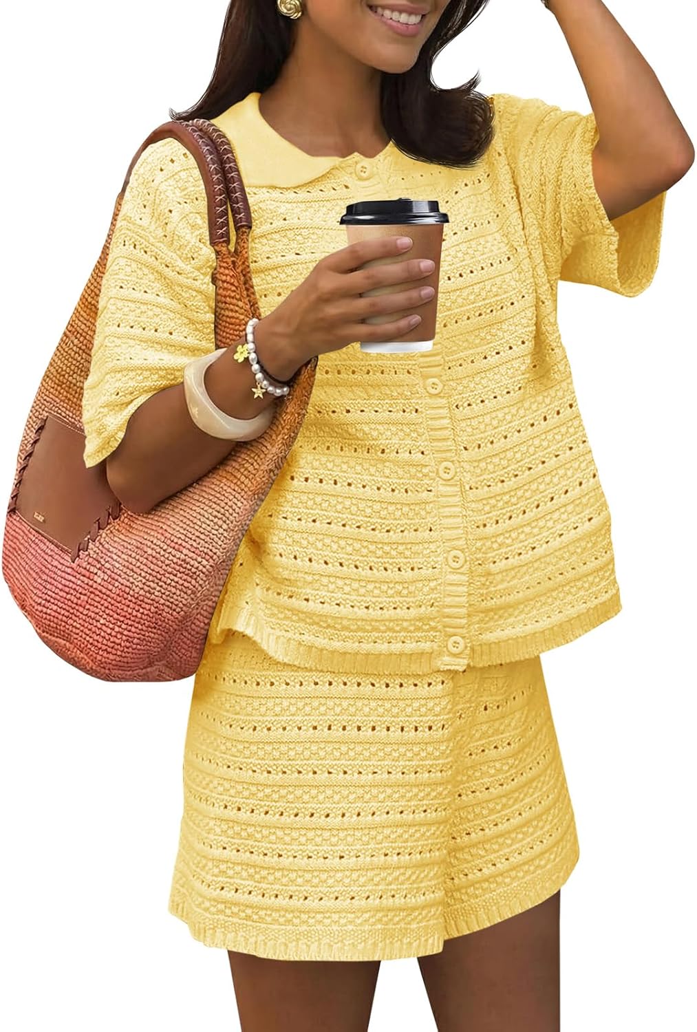 Fisoew Womens 2 Piece Crochet Swimsuit Cover Ups Button Cardigan Loose Knit Shorts Sets Summer Beach Vacation Outfit