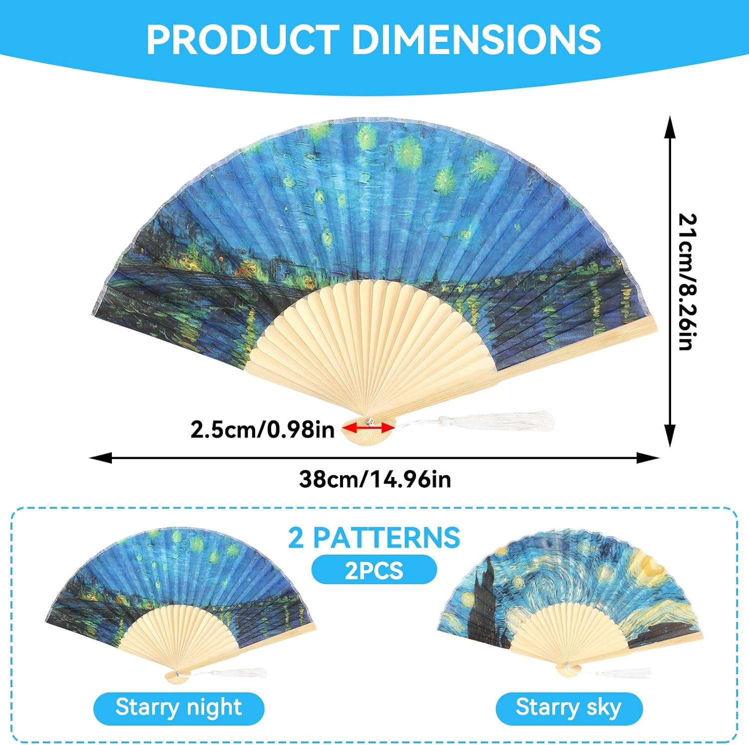 Cyrank Foldable Hand Fan, 2PCS Hand Held Silk Folding Fan Chinese Handheld with Frames Decorative Starry Night Pattern for Dancing Cosplay Wedding Party Props Decoration