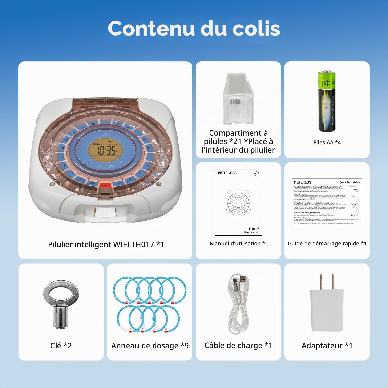 Retekess TH017 Distributeur Électronique de Comprimés, Connexion Wi-Fi
