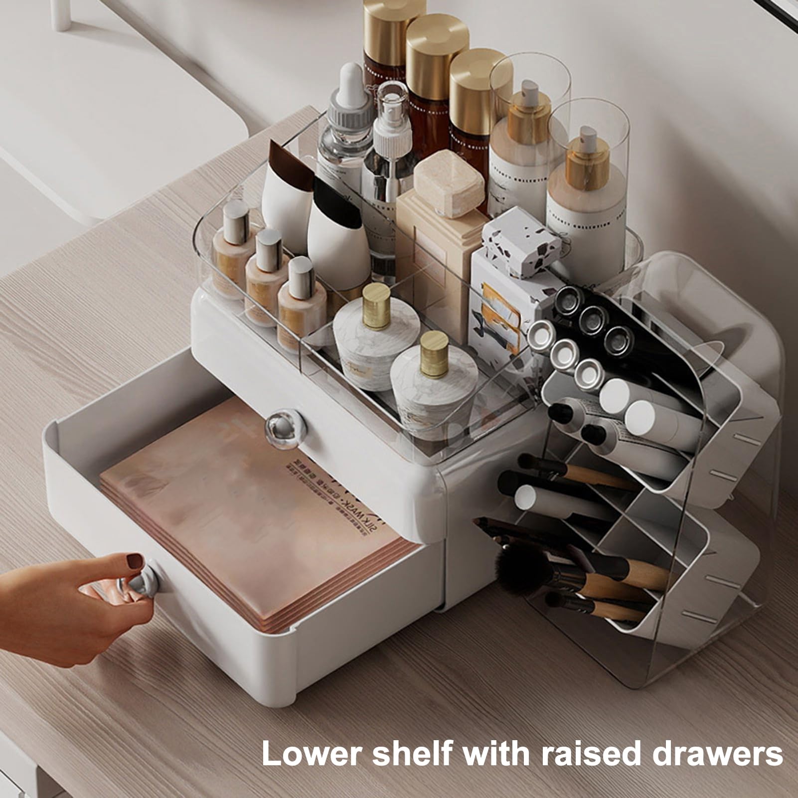 Caja de almacenamiento de cosméticos de escritorio, organizador de cosméticos de gran capacidad con 2 cajones, caja extraíble con múltiples compartimentos, organizador de maquillaje para