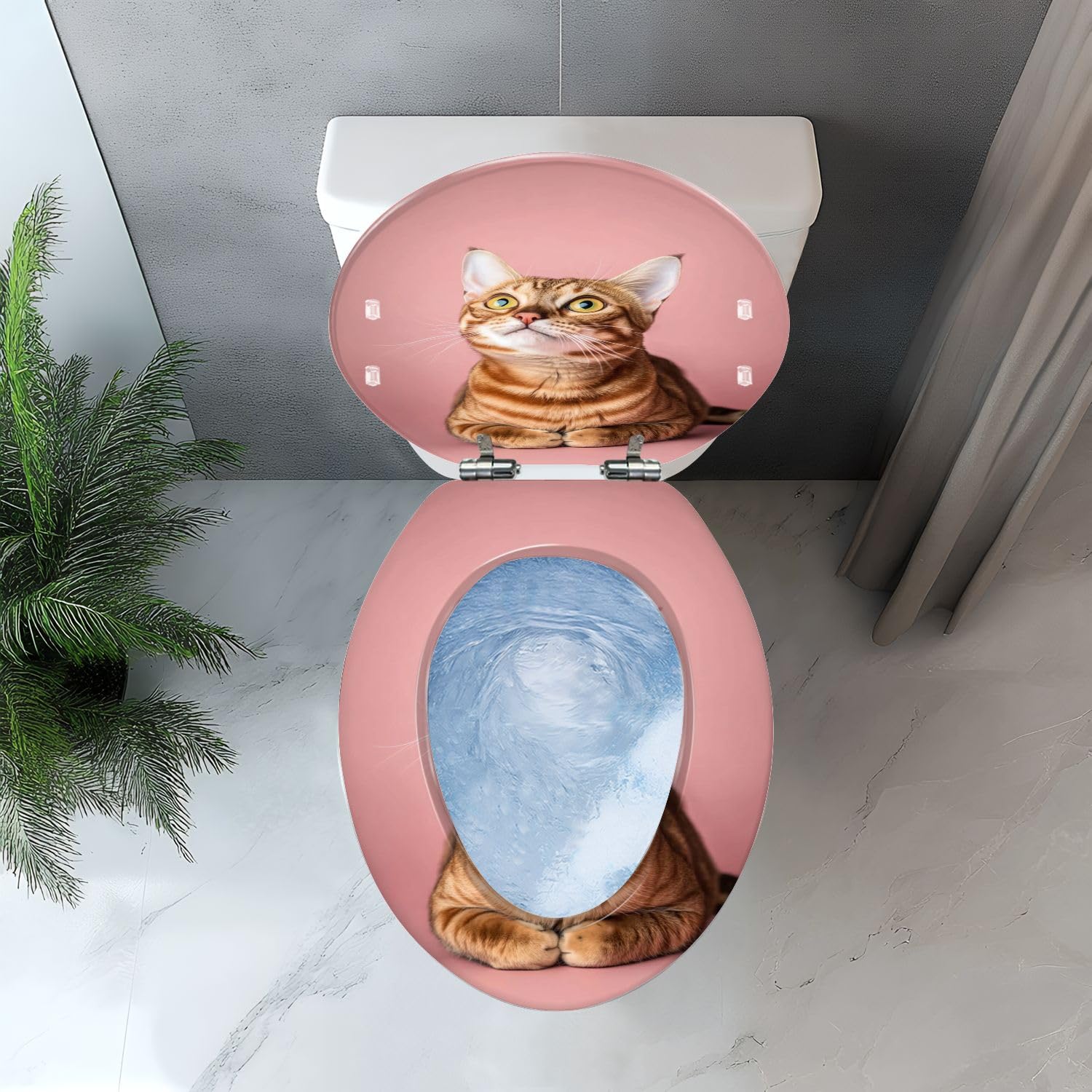 Elongated Resin Toilet Seat with Playful Ginger Bengal Cat Art, Quiet