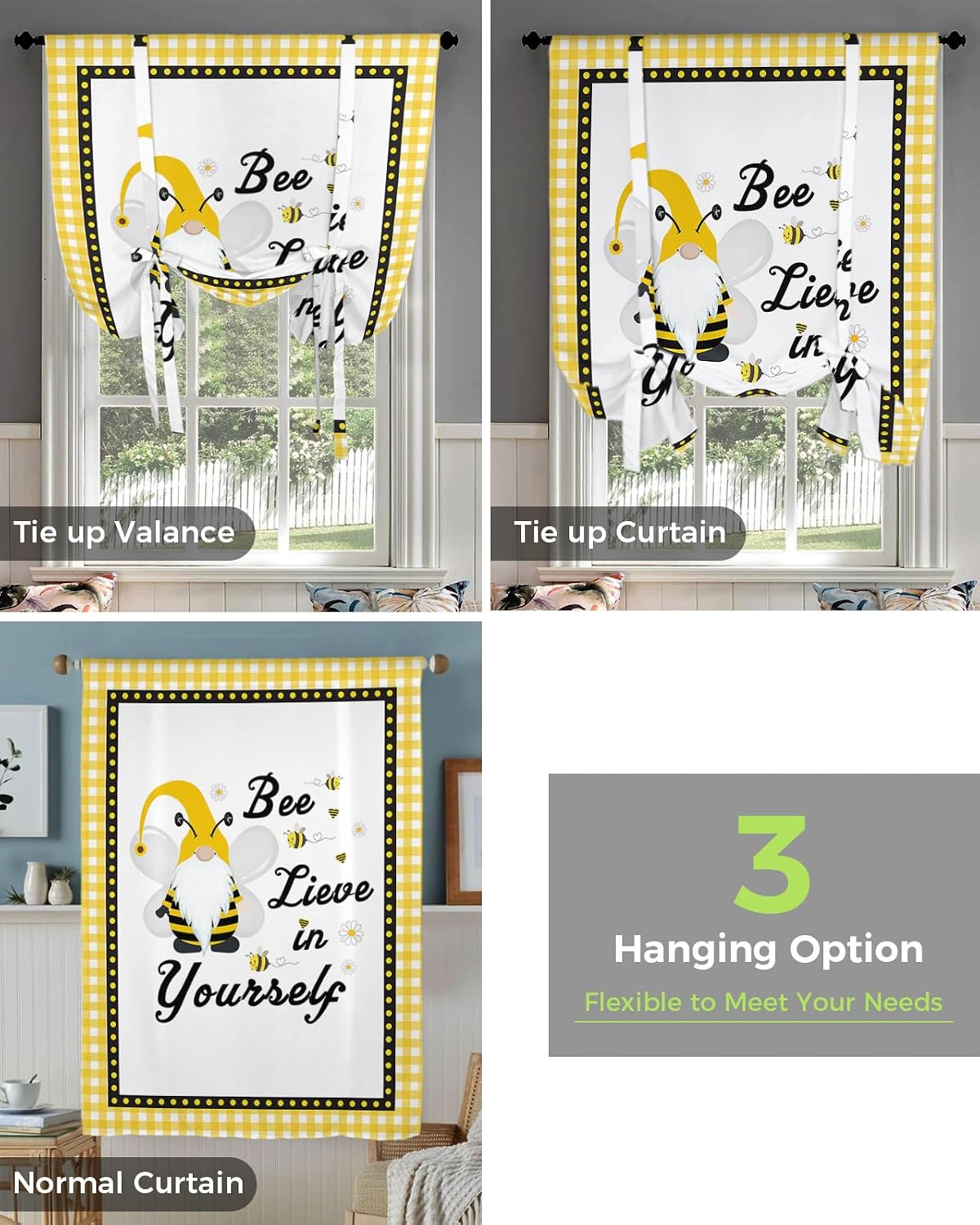 Tie Up Window Shade Curtain Spring Bee and Cute Gnome Black Text Kitchen Adjustable Balloon Curtains Shades Drape 52x63In for Living Room/Bedroom/Cafe Windows Yellow White Buffalo Plaid