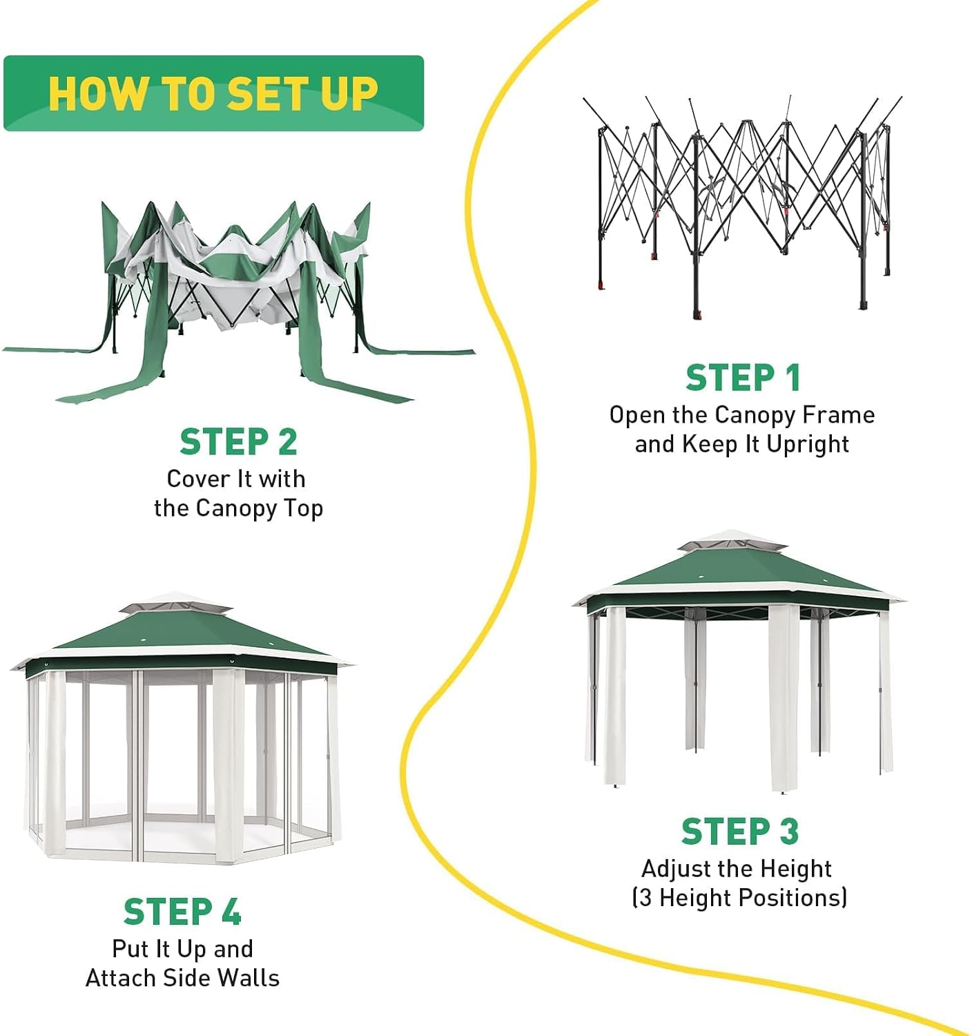 13x13 Hexagon Pop Up Gazebo, Outdoor Canopy Tent with Mosquito Net, Height Adjustable Canopy Gazebo, Large Shade Tent for Camping, Lawn, Backyard, Garden, Patio