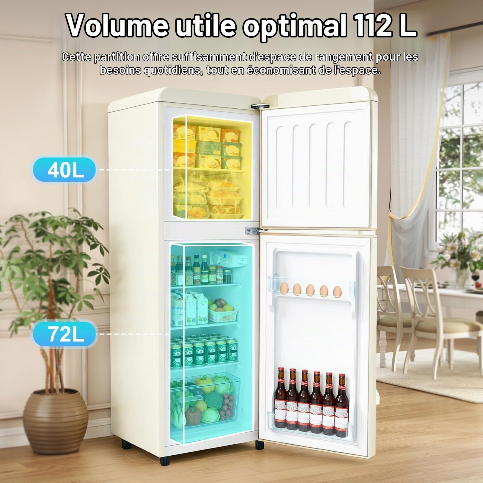 Sweiko Double door refrigerator (112 litres), 72 litre fridge compartment + 40 litre freezer compartment, 7 temperature settings, energy class E (off white)