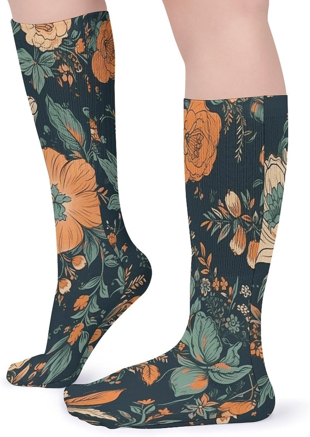 Orange And Green Flowers Crew Socks Cozy Casual Calf Socks Lightweight Long Work Sock Breathable Athletic Sock for Hiking Sports Running 5 Pairs