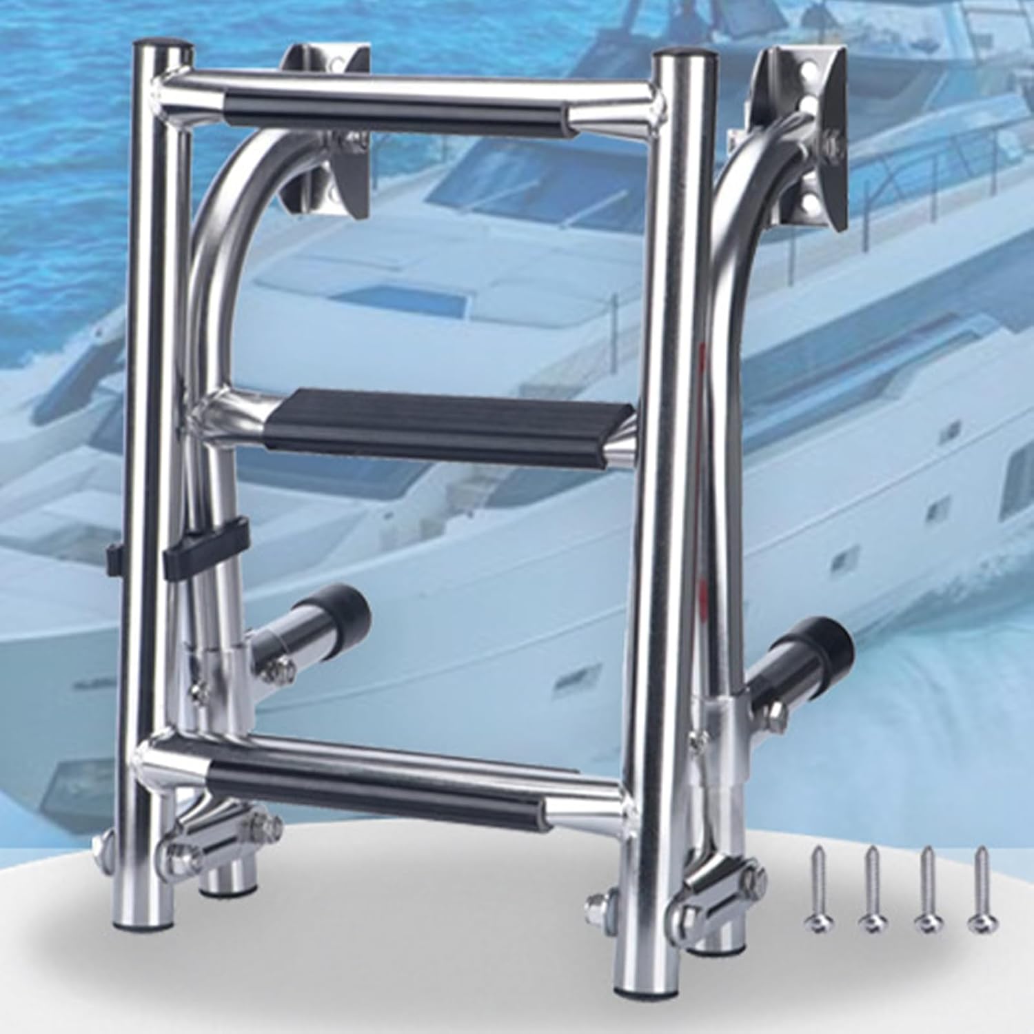 Folding Boat Ladder, Stainless Steel Step, Pontoon Accessory with 2+1 Design, Boarding Aid for Swimmers, Marine, Ladder for Water Sports Divers Boaters Lake House Dock Swimming Pool