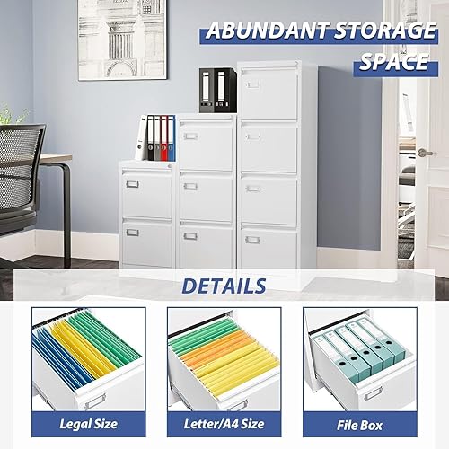 Miniatura 6 de Archivador de 2 cajones, archivadores de metal blanco con cerradura, 18 archivadores verticales profundos para tamaño A4 o carta para la oficina en
