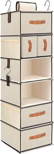 Organizador colgante de armario con 6 estantes, estantes colgantes mejorados para armario con 3 cajones extraíbles y bolsillos laterales,