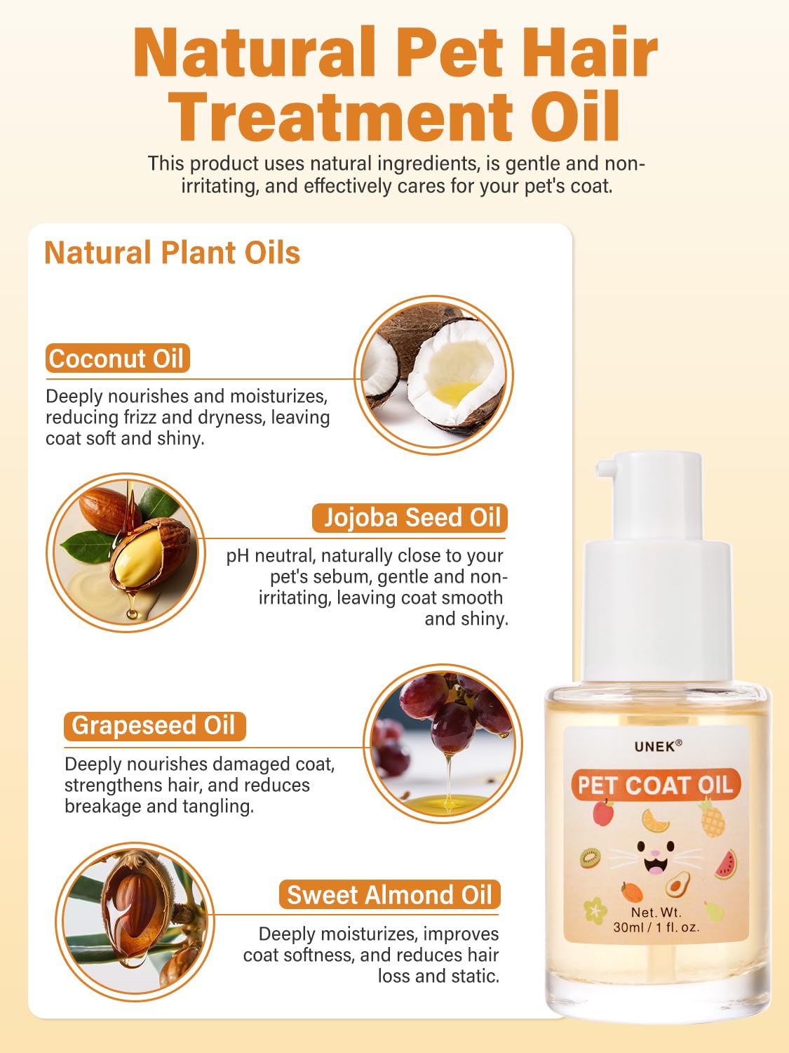 UNEK Pet Leave-In Conditioner Oil for Small Dogs & Cats, Fruity Scent, 30ml, Natural Plant Oils, Detangles Fur - Image 3
