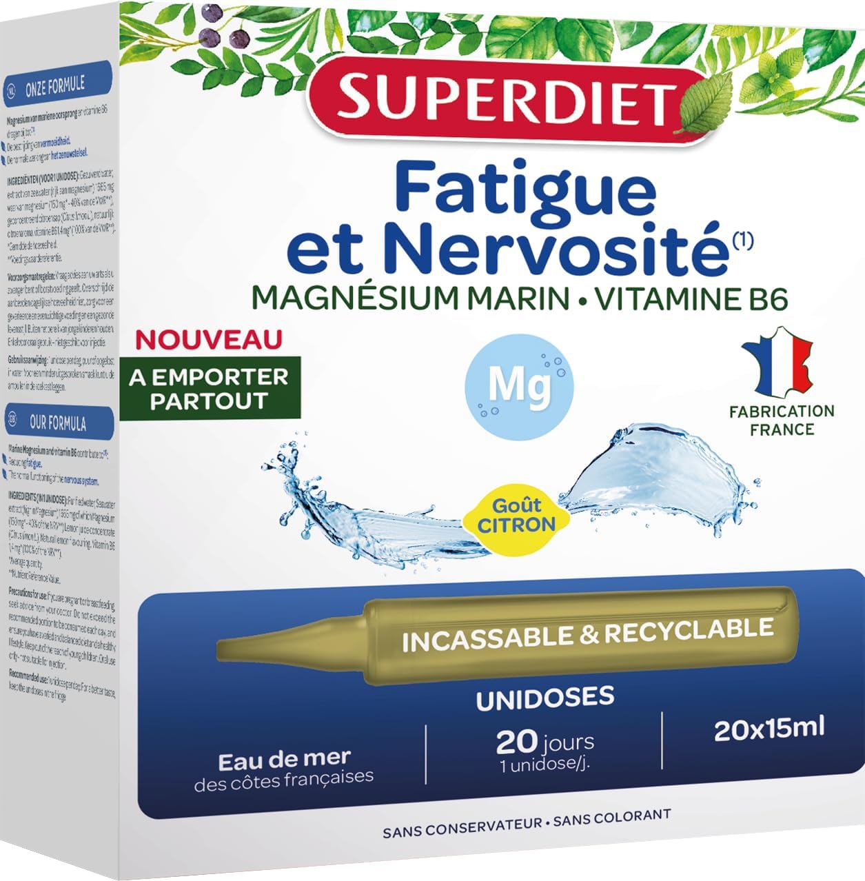 SUPERDIET – MARINE MAGNESIUM, VITAMIN B6 -Stress & Sleep – Lemon flavour- Made in France – Portable size – 20 Unidoses of 15ml