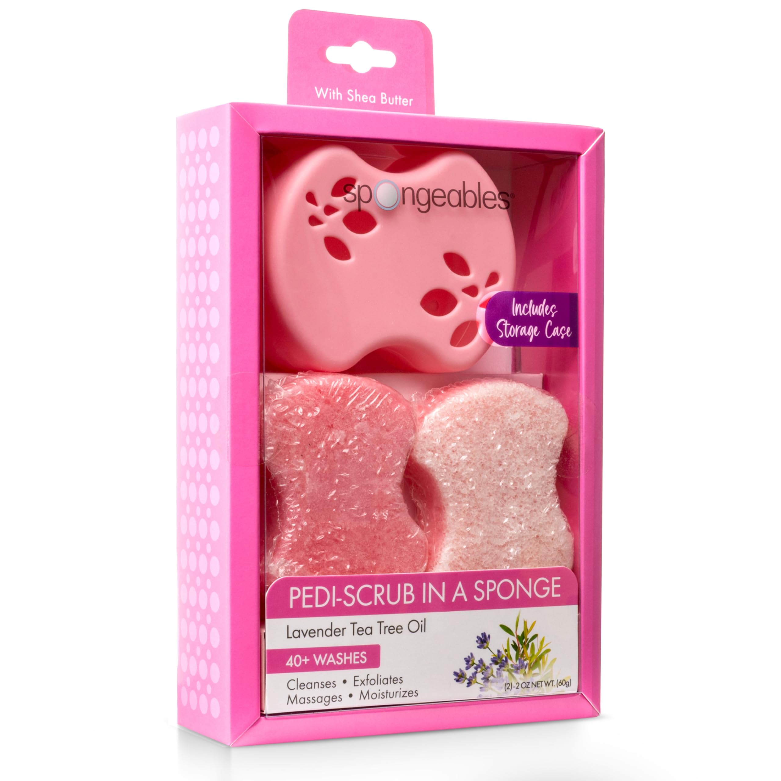 Spongeables Pedi Scrub Foot Exfoliating 20+ Wash Sponge, Lavender, 2 Count, Includes Storage Case