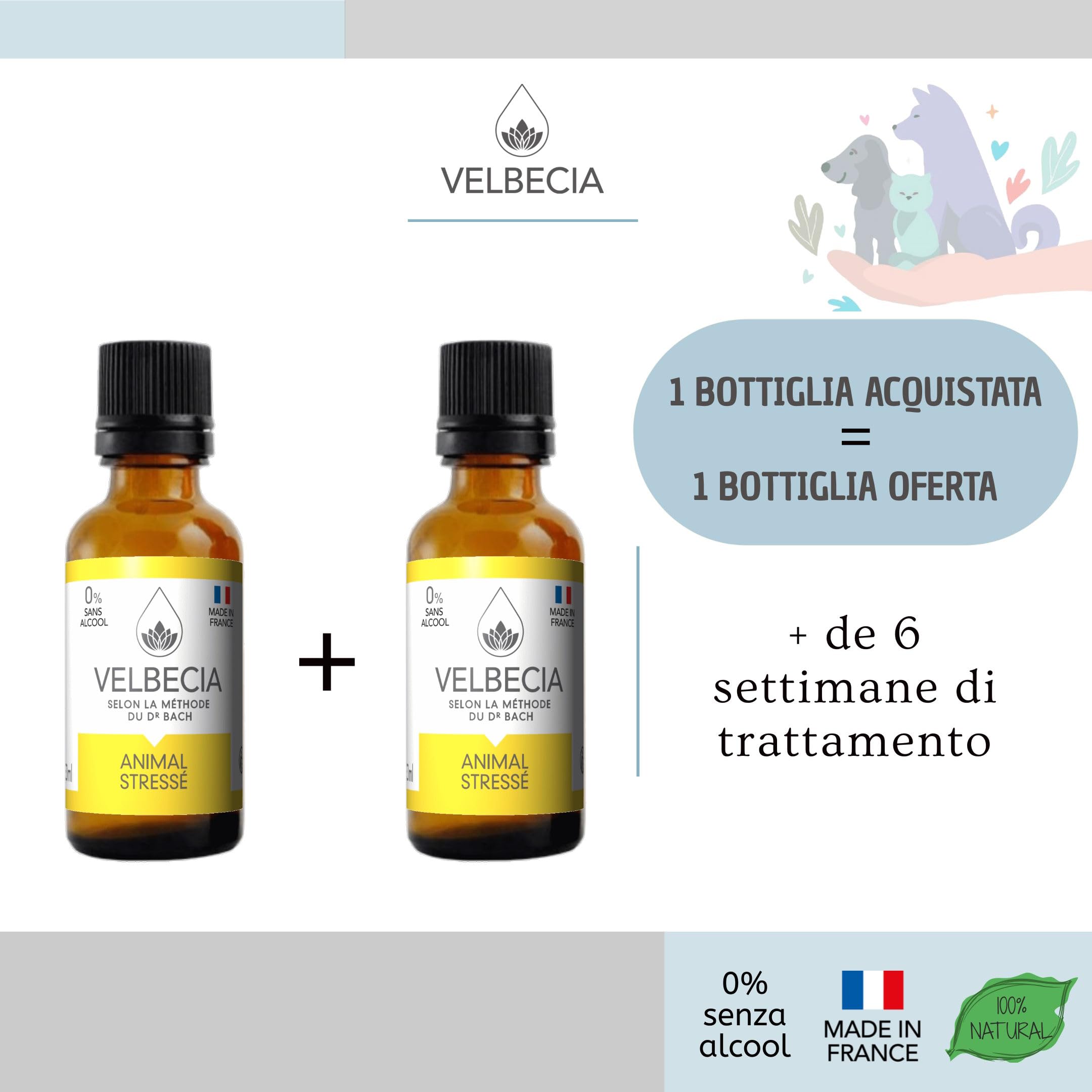 Velbecia® - Fiori Dr Bach Stressato animale 30 ml +1 GRATIS - SENZA ALCOL - Lenisce e calma il tuo animale