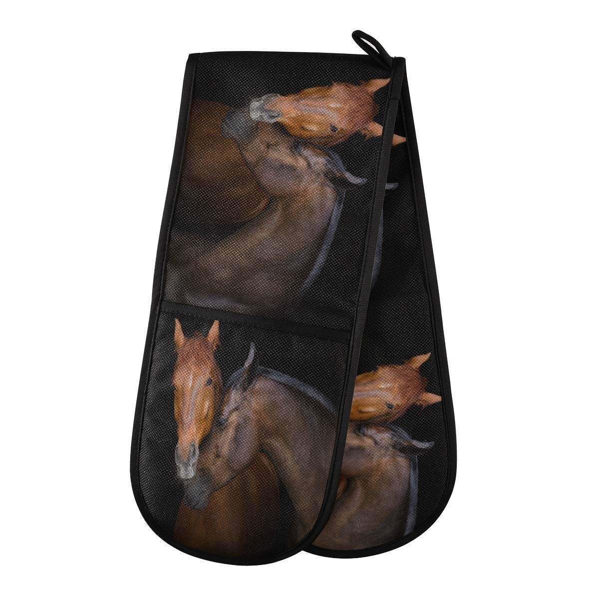 RXYY Double Oven Glove Watercolor Horses Black Love Heat Resistant Quilted Cotton Kitchen Oven Mitts Long Oven Gloves for Cooking Baking Grilling Handling Hot Pots Pans
