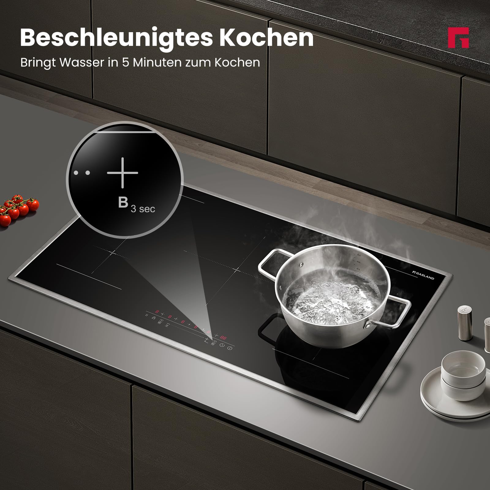 GASLAND IH905BFB Plaque de Cuisson Induction encastrable 90 cm, 5 foyers avec cadre en inox, zone spéciale BBQ, PowerBoost, 10000W (Poêle non incluse)