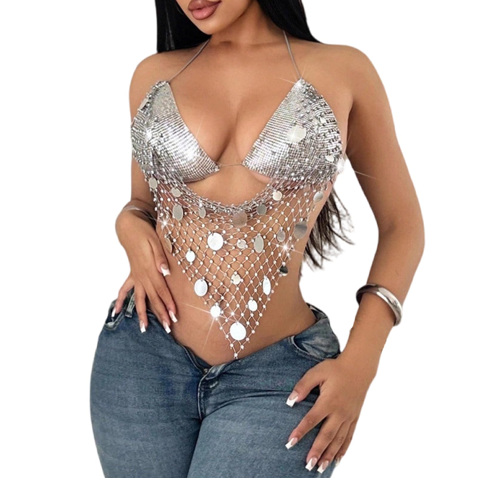 Glitter Strass Mesh Party Shirt Halterneck Paillettes Reggiseno Backless Body Chain per le Donne ' s Festival Club Serbatoi Top Donne ' s Festival Top