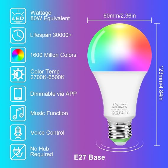 Eleganted Alexa Ampüller E27 Akıllı LED Lamba, 10W WiFi Renk Değişen LED RGB Ampul 16 Milyon Renk, Uygulama Kontrolü Kısılabilir Ampul Lambası Sıcak Beyaz (2700K) Soğuk Beyaz (6500 K)，2 ADET [Enerji Sınıfı F]