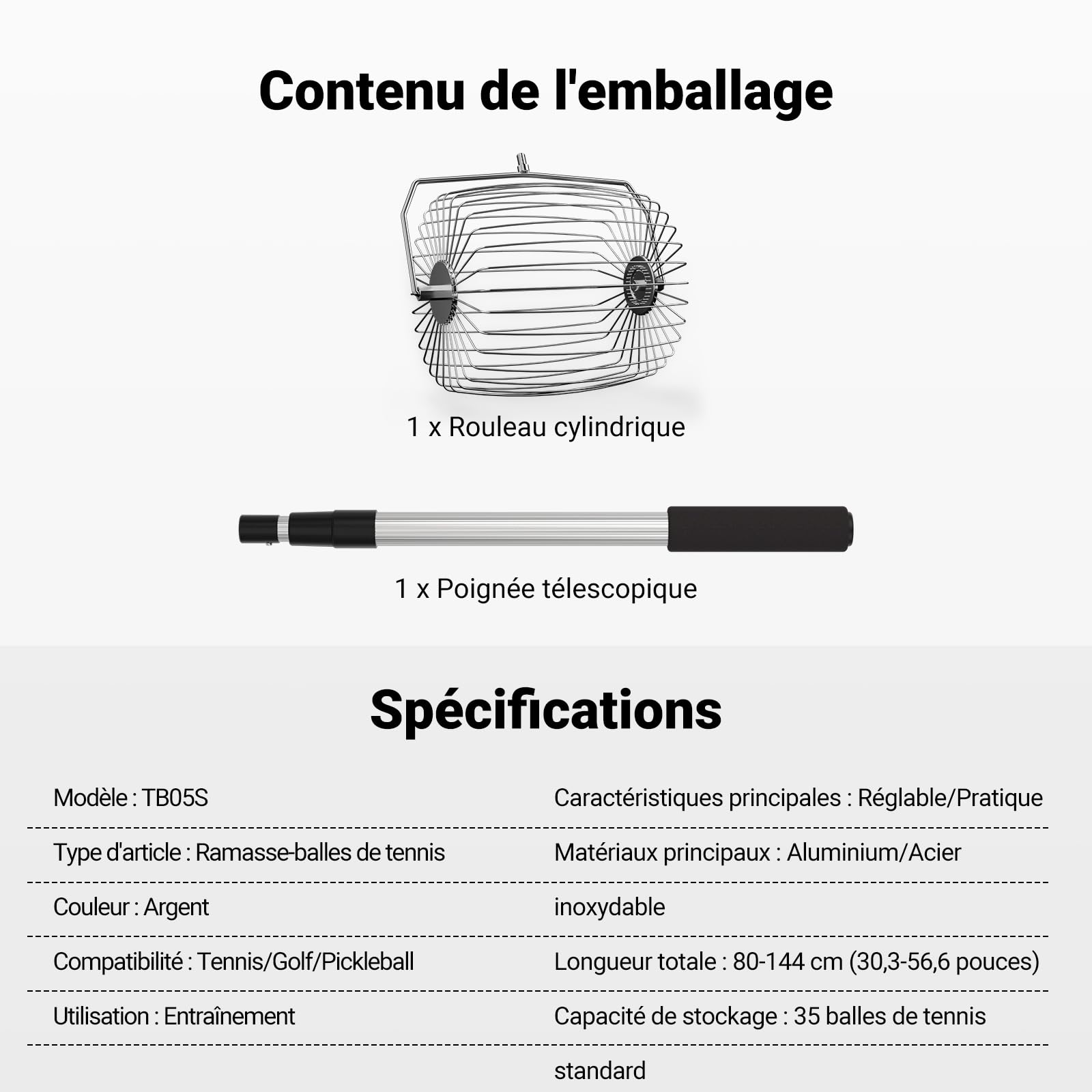 NEEWER Basics TB05S - Recolector de Pelotas de Tenis, no más agacharse, recogedor Ovalado de 80 – 144 cm, recogedor telescópico para hasta 35 Pelotas de Tenis