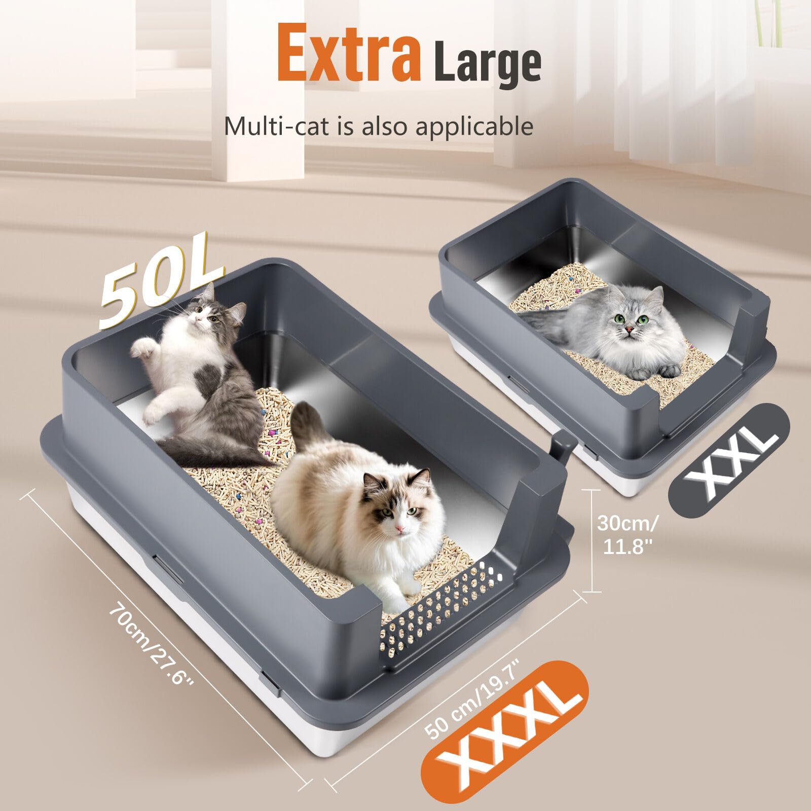 Katzenklo aus Edelstahl, XXXL Katzentoilette Metall mit hohem Rand und Schaufel, auslaufsicher, leicht zu reinigen, für große und mehrere Katzen (Dunkelgrau)