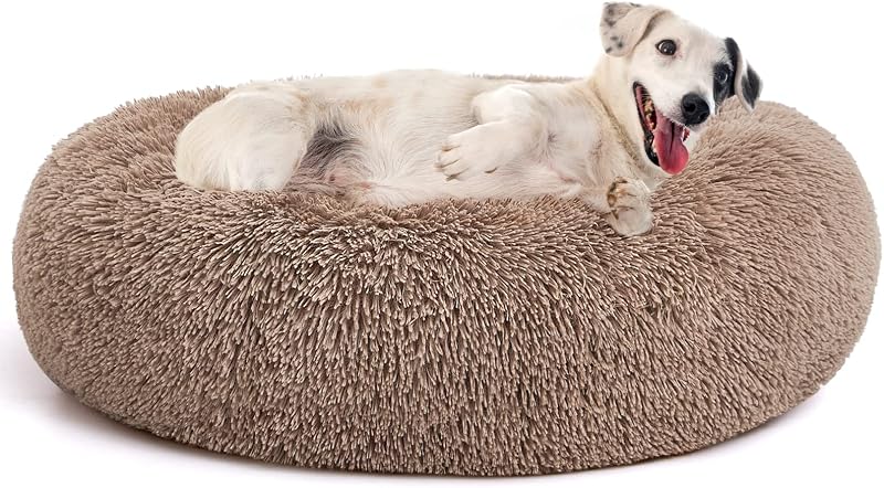Cama redonda para cães e gatos MIXJOY com pelo sintético macio, marrom, 76,2 cm