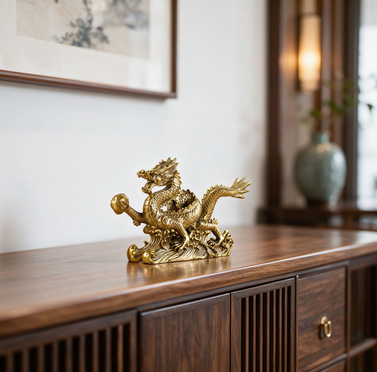 Mosiężna chińska statua smoka Feng Shui rzeźba dekoracja biura domowego | Ozdoby stołowe dla bogactwa i sukcesu, powodzenia kasa fiskalna, biurko, ocieplenie domu, prezent rękodzielniczy