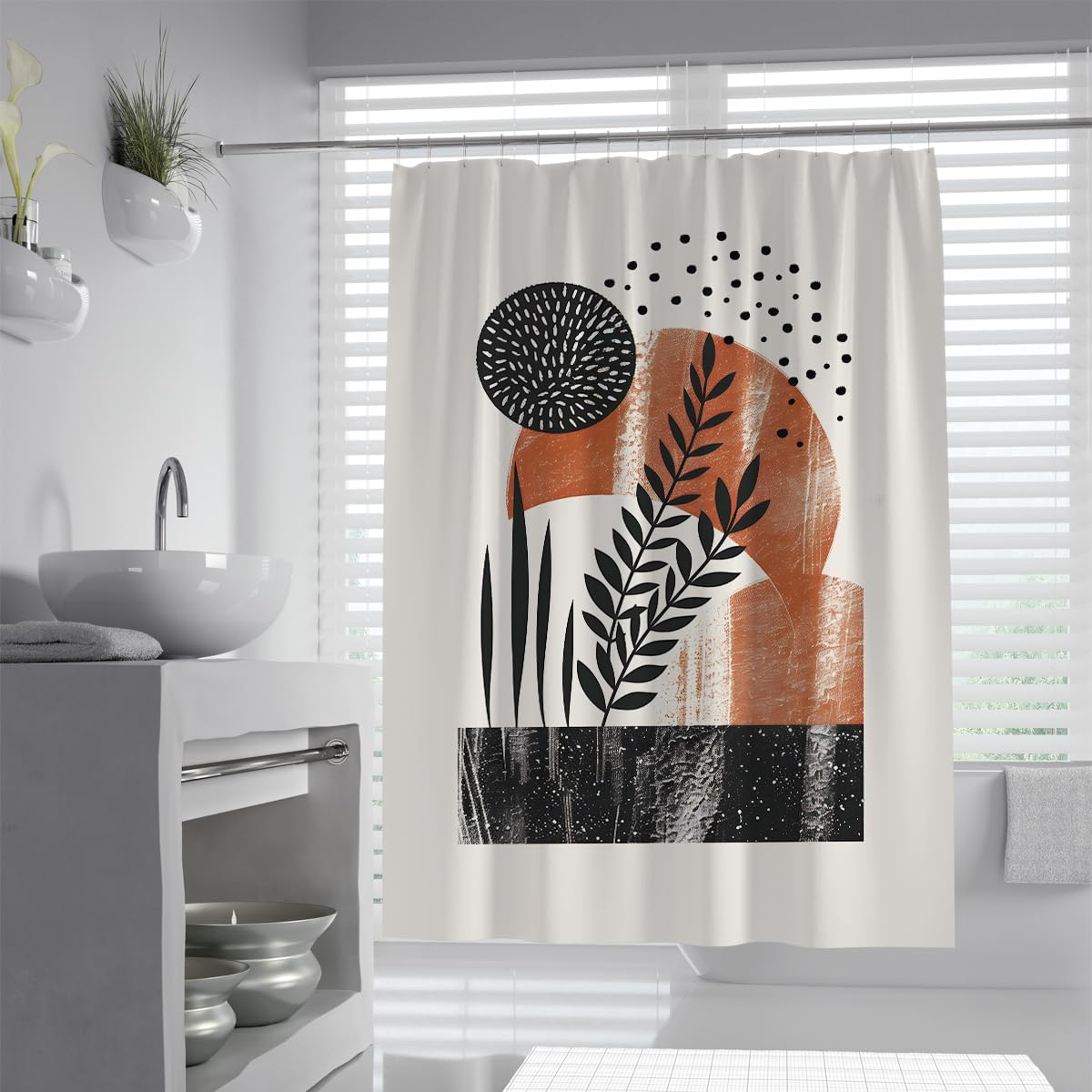 UIRINGART Modernist Shower Curtain W160xL200cm Terracotta Arch Black Leaves Art Mould Proof Easy To Clean Polyester Fabric Lightweight Bathtub Shower Curtains