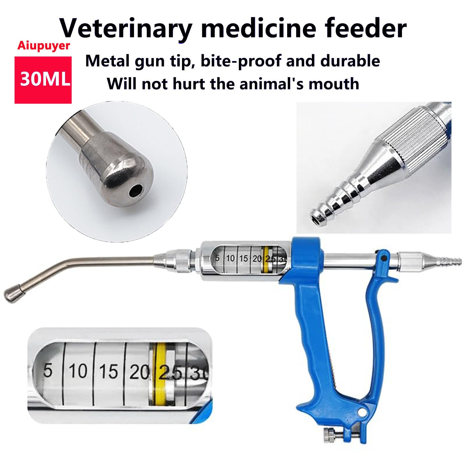 Dispensador de medicamentos Veterinarios de 30 ml, Pistola de alimentación de Metal Ajustable para Uso Veterinario Herramienta de alimentación para Cerdos, Vacas, ovejas y Caballos