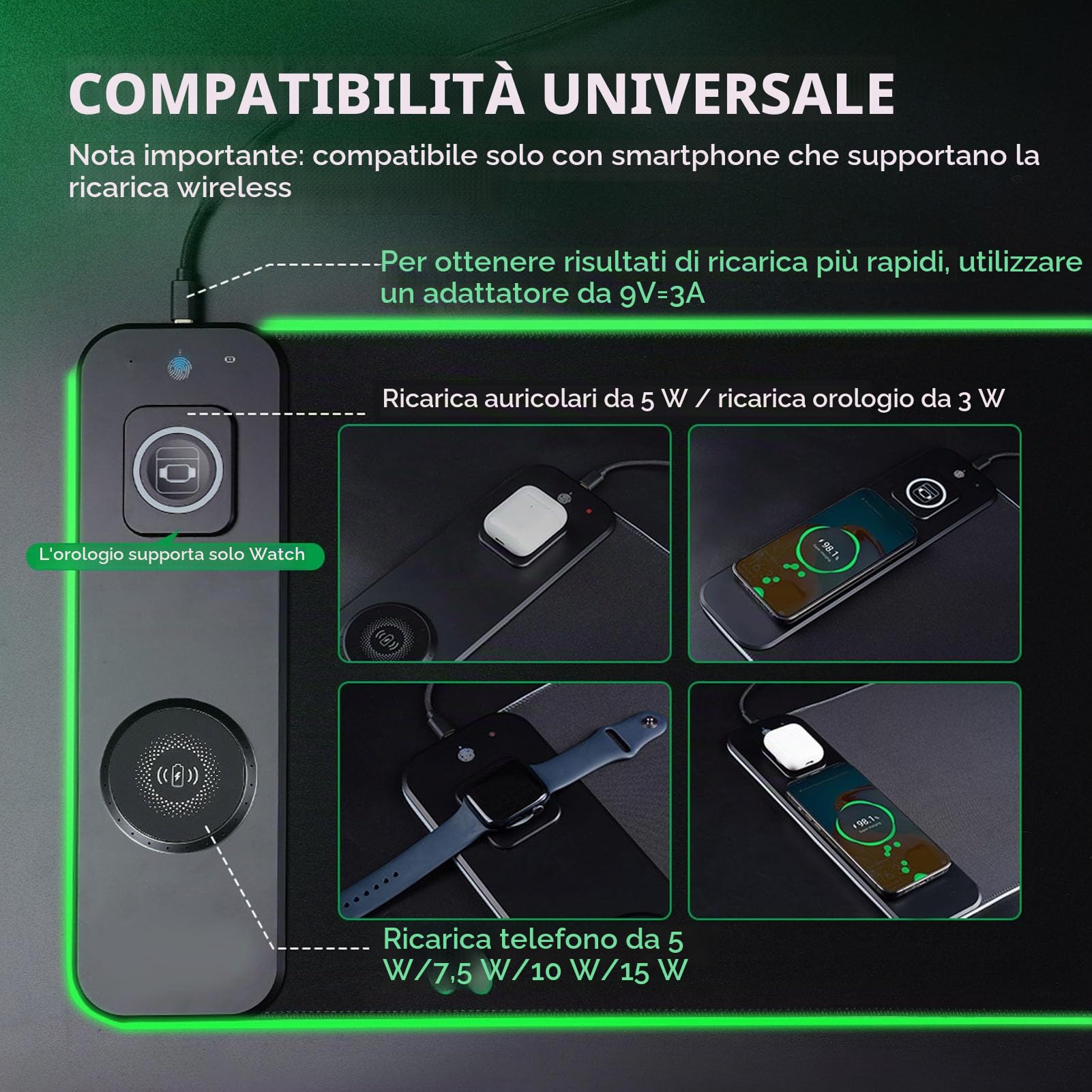 Tappetino Mouse Gaming RGB, Ricarica Wireless 15W Qi Veloce, Base in Gomma Antiscivolo, LED, per PC e Laptop