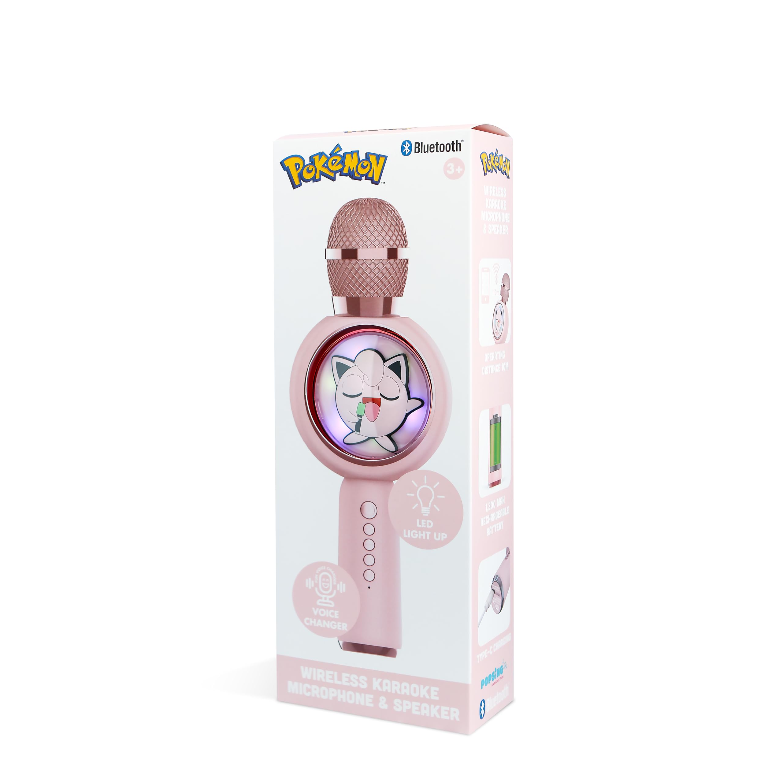 OTL Technologies Pokemon Jiggly Puff Popsing - Micrófono inalámbrico para karaoke con luz LED, modo cambiador de voz, color rosa
