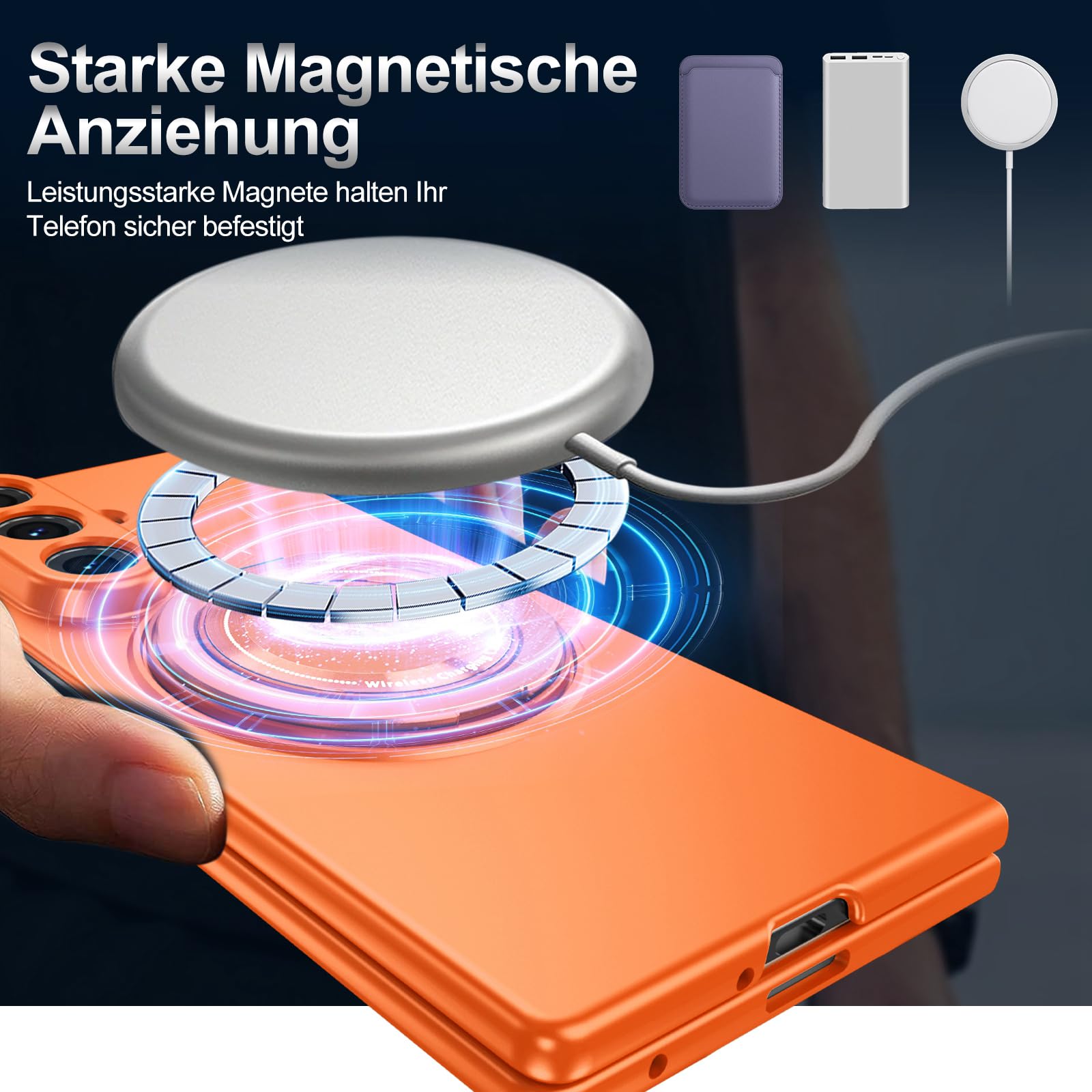 Custodia magnetica per Samsung Galaxy Z Fold 8 Ultra, con supporto ad anello in metallo a 360°, opaca, per esterni, antiurto, arancione