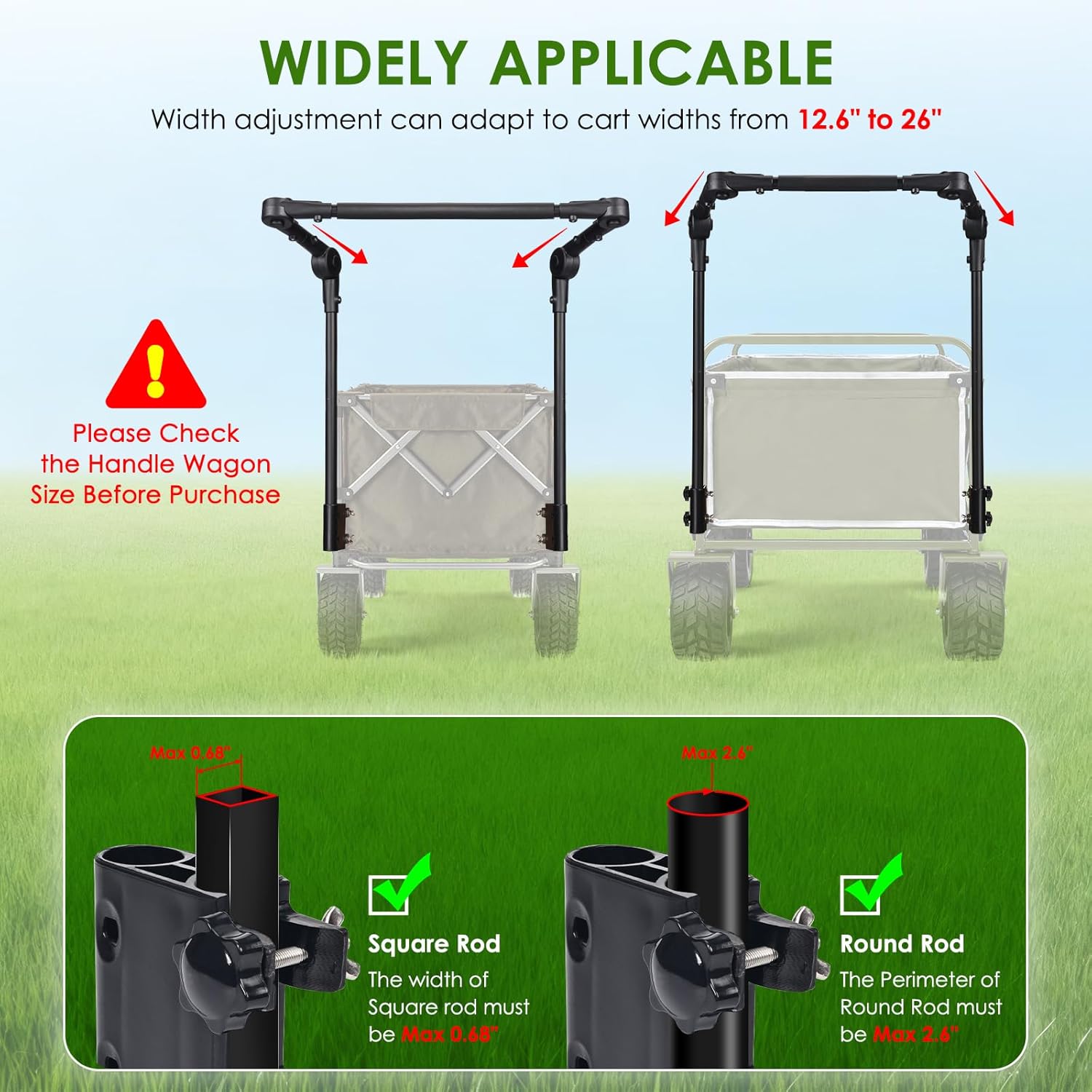 Adjustable Wagon Push Handle Attachment - Foldable Universal Push Pull Handle for Round/Square Frame Camping Wagons, Strollers, Beach Carts & Canopy Attachments with Stainless Steel Connectors