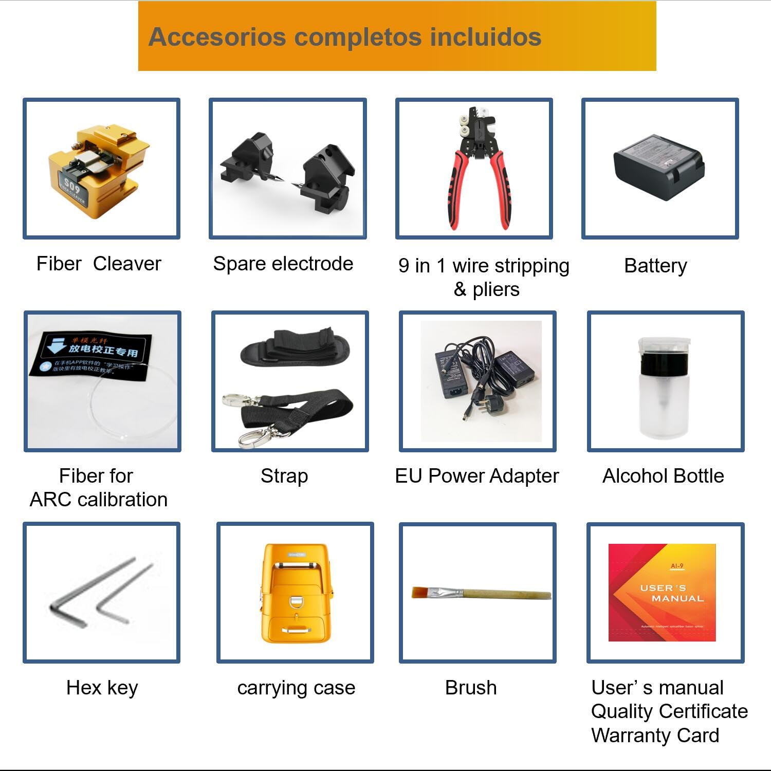 Fusionadora Fibra Optica AI-9 Fusion Splicer Rápido 5 segundos Empalme 15 segundos Calentamiento con vídeos tutoriales, Fusionadora de fibra optica para FTTH y proyectos de empalme de cables