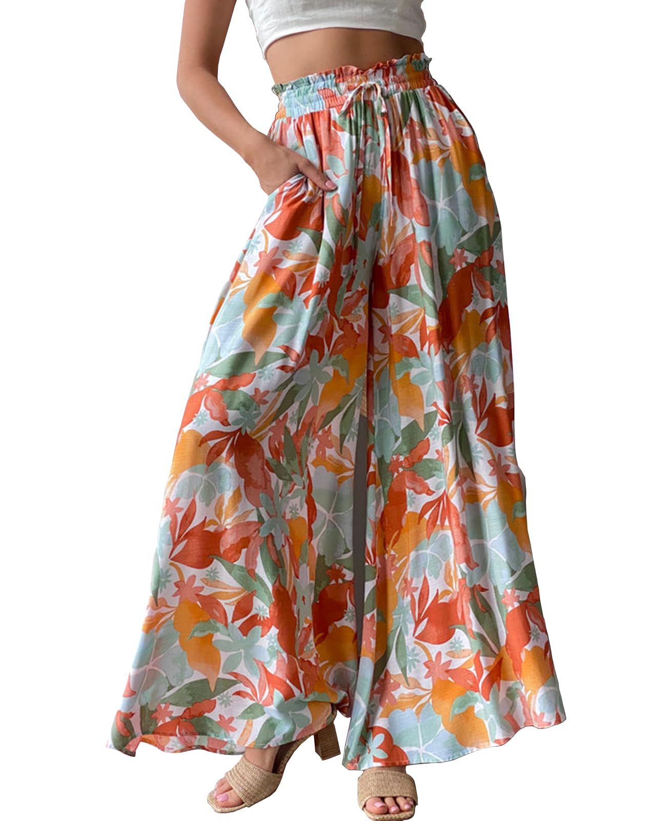 Womens Wide Leg Pants Womens Casual Full Length Loose Beach Pants Ladies Elasticated Waist Summer Drawstring Pants