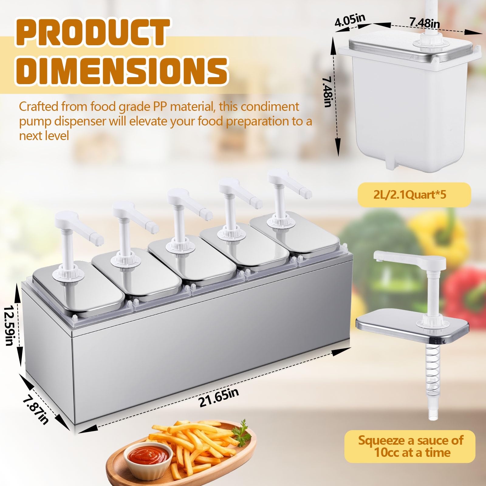 Tioncy Dispenser per salse da 10 litri con dispenser per condimenti con 5 barattoli da 2,1 litri con pompa per sciroppo, tahini, ketchup, condimenti per insalata di soia e salsa barbecue