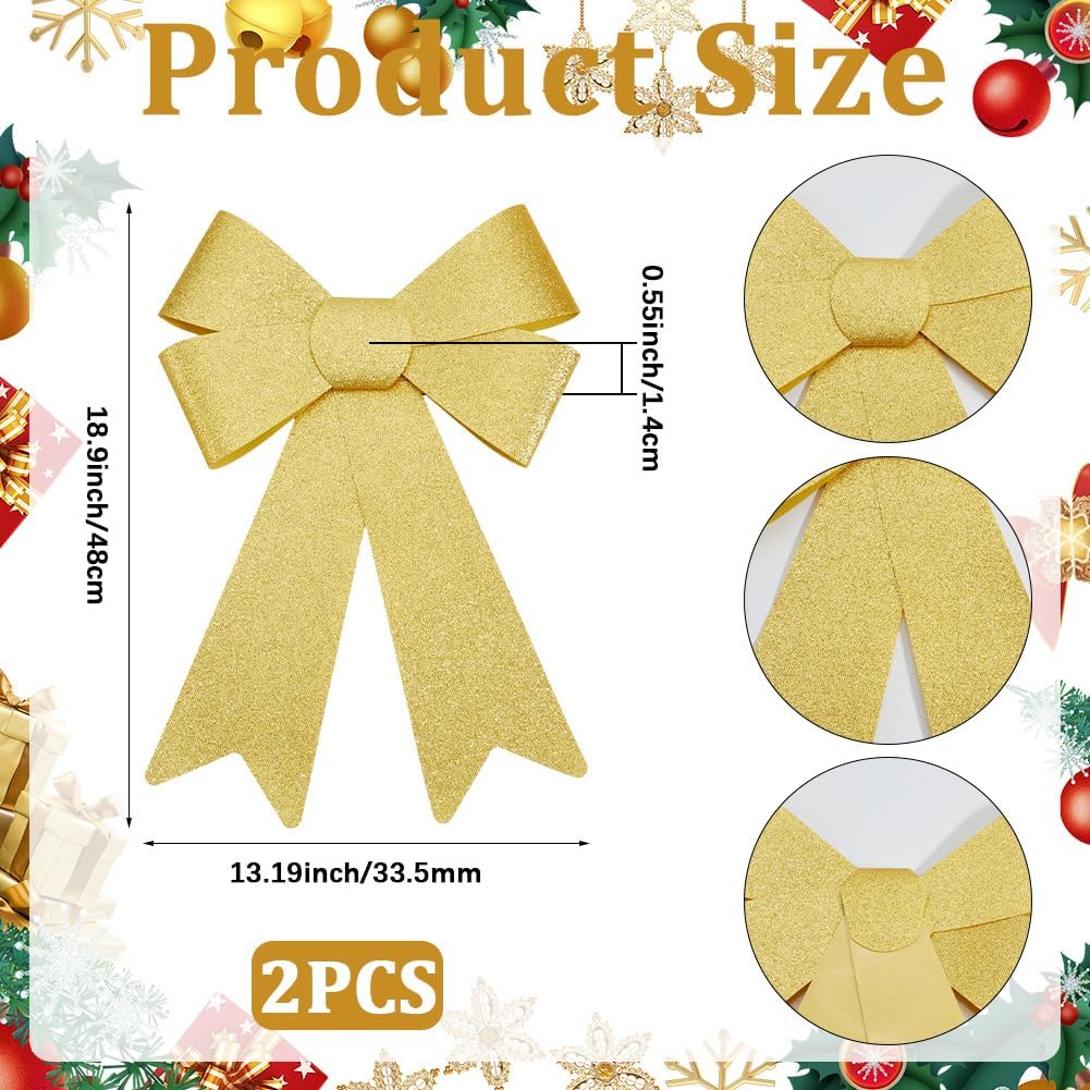 2Pcs Gold Glitter Christmas Bows Wreath Bows Outdoor 18.9 x 13.2 Inch Bowknot Ties Large Big PVC Shine Wrap Ornaments Accessories for Indoor Outdoor Xmas Christmas Wreath Party Gift DIY Decor