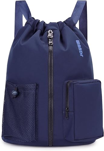 WANDF Mochila deportiva con cordón y compartimento para zapatos, resistente al agua, bolsa de natación para mujeres y hombres, Azul marino, Mediana