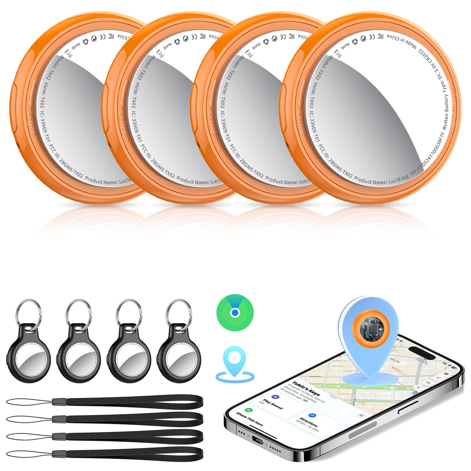 Tukio Air Tags Schlüsselfinder 4er Pack für Apple Wo ist? APP (Nur iOS) | [MFi-Zertifiziert] Smart Tracker Key Finder Austauschbarer Akku, 100 dB Alarm, Koffer Tracker für Gepäck/Taschen/Schlüssel