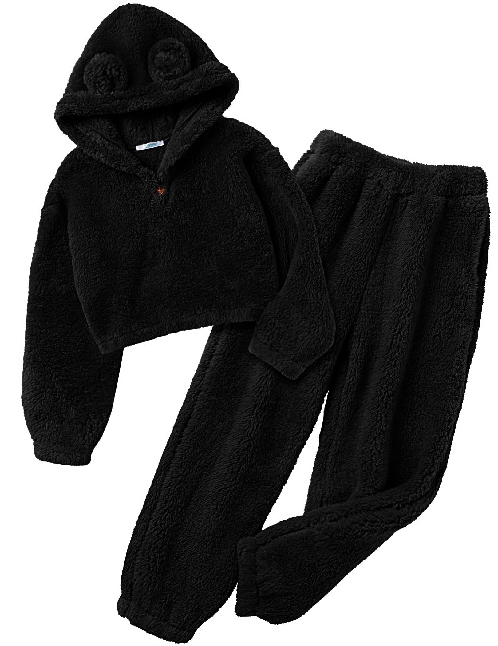 Arshiner Girls 2 Piece Outfits Sweatsuit Fuzzy Long Sleeve Bear Ear Hoodie Sweatshirt and Sweatpant Kids Clothing Sets