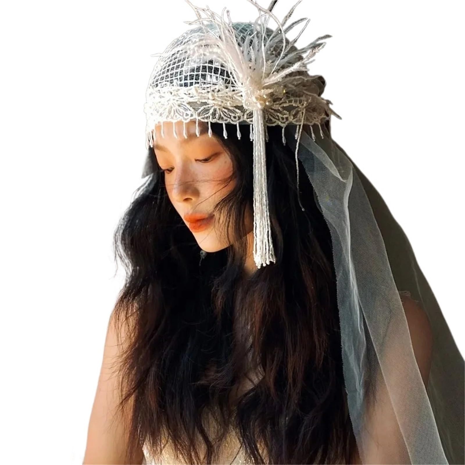 Diseño con velo de novia borlas plumas estilo francés