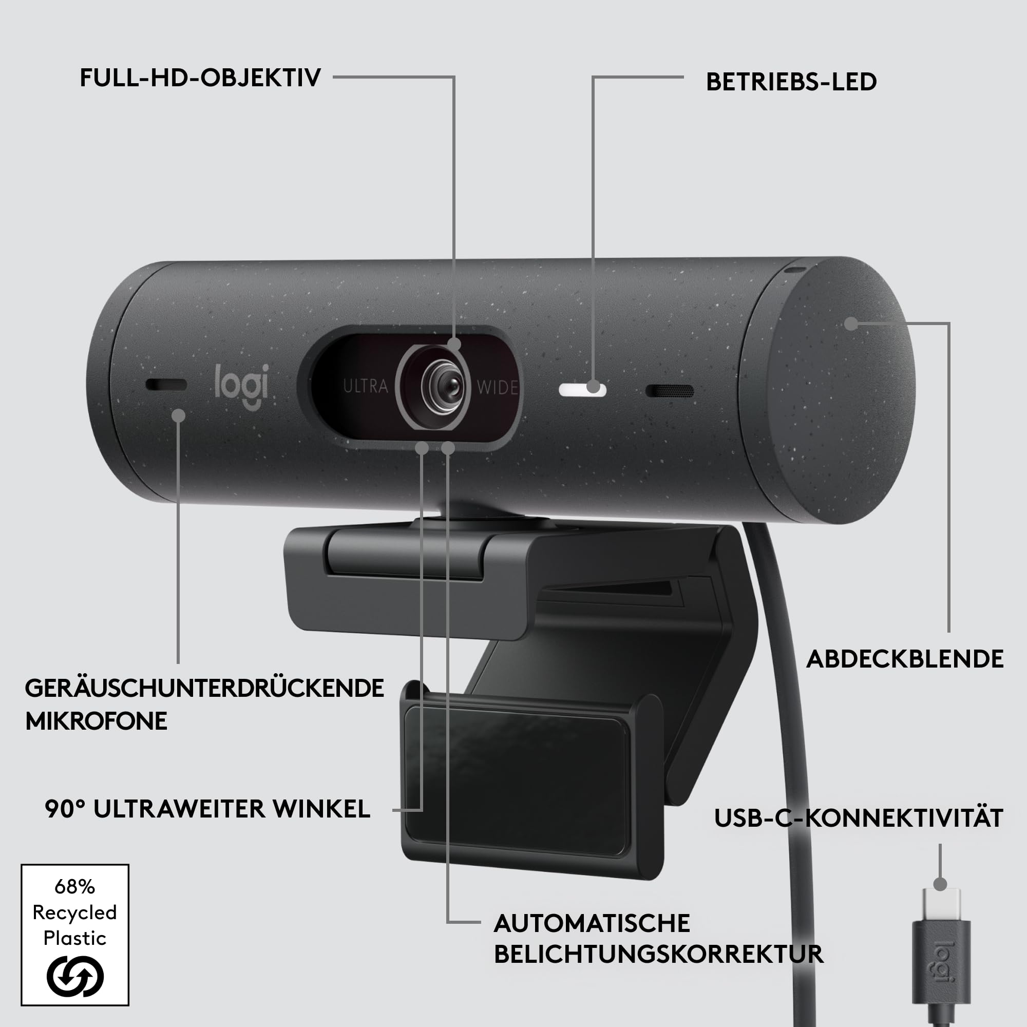 Logitech Brio 500 Full-HD-Webcam mit Auto-Lichtkorrektur, Zeigemodus, Doppelmikrofon, Rauschunterdrückung, Webcam-Abdeckung, USB-C - Graphit