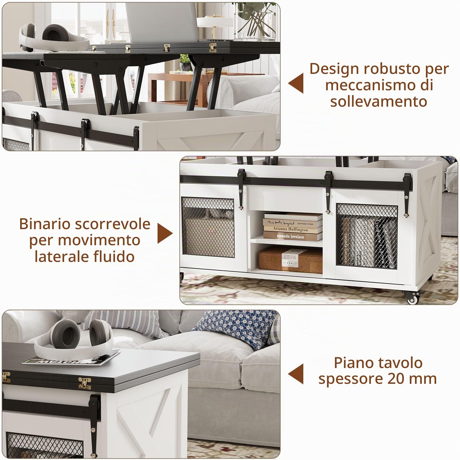 VOWNER Tavolino da Salotto Regolabile in Altezza, Multifunzionale 3 in 1 con ruote & Scomparto Nascosto, Tavolino da caffè Convertibile in Tavolo da Pranzo da Salotto, Stile Fattoria (Nero)