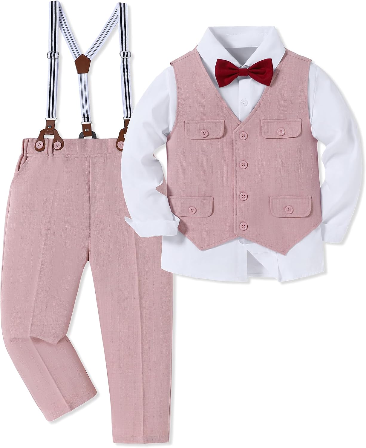 WESIDOM Boy Clothes Suit Formal Dress Shirt+Vest+Bowtie+Suspender Pants Kids Tuxdeo Gentleman Wedding Party Outfits Set