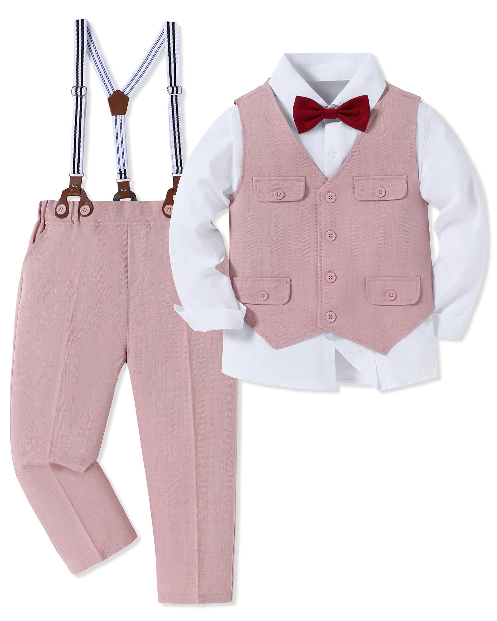 WESIDOM Boy Clothes Suit Formal Dress Shirt+Vest+Bowtie+Suspender Pants Kids Tuxdeo Gentleman Wedding Party Outfits Set