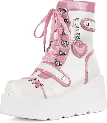 Accloris Platform Ankle Boots for Women Wedge Goth Round Toe Boots | Heart Decoration 2.6" Heel & 1.42" Platform Lace Up Side Zip Faux Leather Kawaii Punk Riding Boots, Cosplay to Daily
