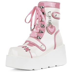 Platform Ankle boots for Women Goth Rave Boots Kawaii Shoes High Heel Round Toe Zipper Wedges Mid Calf