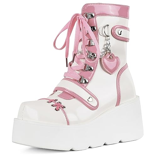 Accloris Platform Ankle boots for Women Goth Rave Boots Kawaii Shoes High Heel Round Toe Zipper Wedges Mid Calf Booties - 7 - Pink