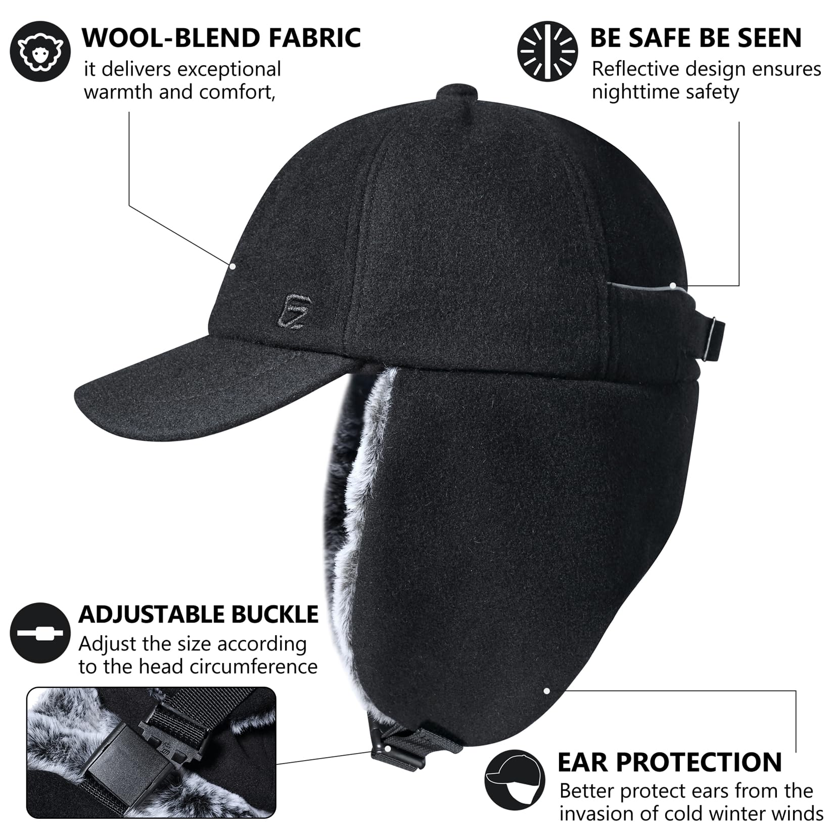 GADIEMKENSD Casquette de Baseball en Laine d'hiver Unisexe avec Rabats d'oreille doublés de Fausse Fourrure Chapeau de Trappeur avec Ligne réfléchissante