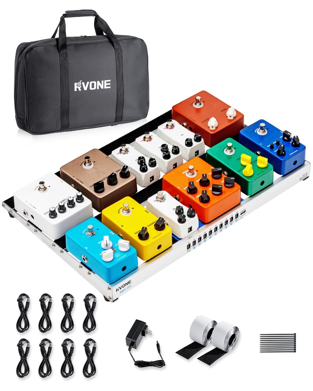 RVONE Gitarren-Pedalboard mit integriertem Netzteil, Aluminiumlegierung, tragbares Pedalboard mit Tasche, Pedalkabel, Klettverschluss (RPB-350)